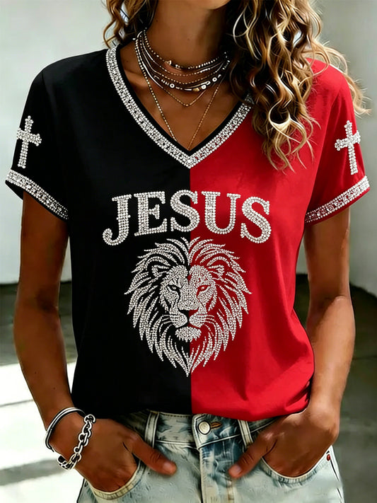 Women's JESUS Printed V-neck T-shirt