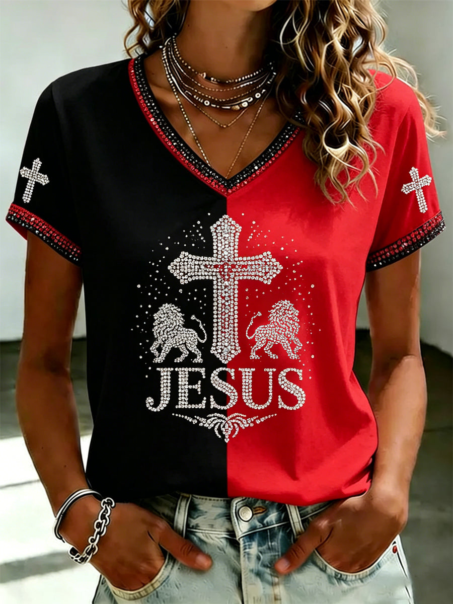 Women's JESUS Printed V-neck T-shirt
