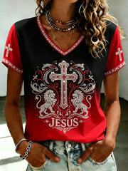 Women's JESUS Printed V-neck T-shirt