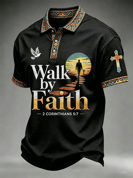 Men's Christian Cross Walk By Faith Not By Sight Print Polo