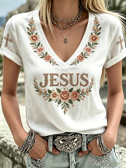Women's JESUS Print V-Neck Casual T-Shirt