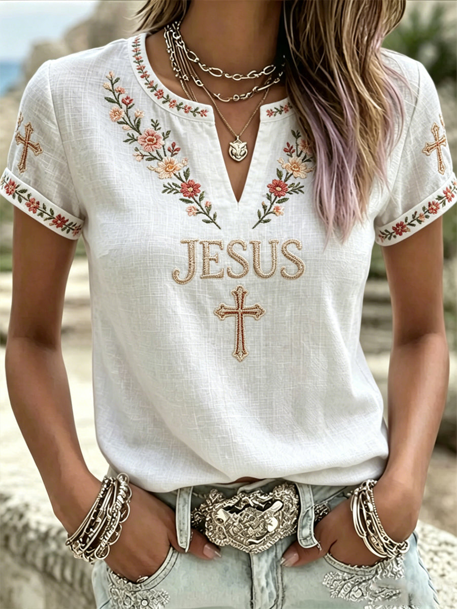 Women's JESUS Print V-Neck Casual T-Shirt