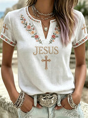 Women's JESUS Print V-Neck Casual T-Shirt