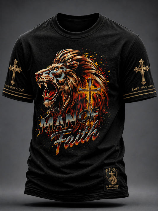 Men's Christian Man of Faith Lion and Cross Short Sleeve  T-shirt