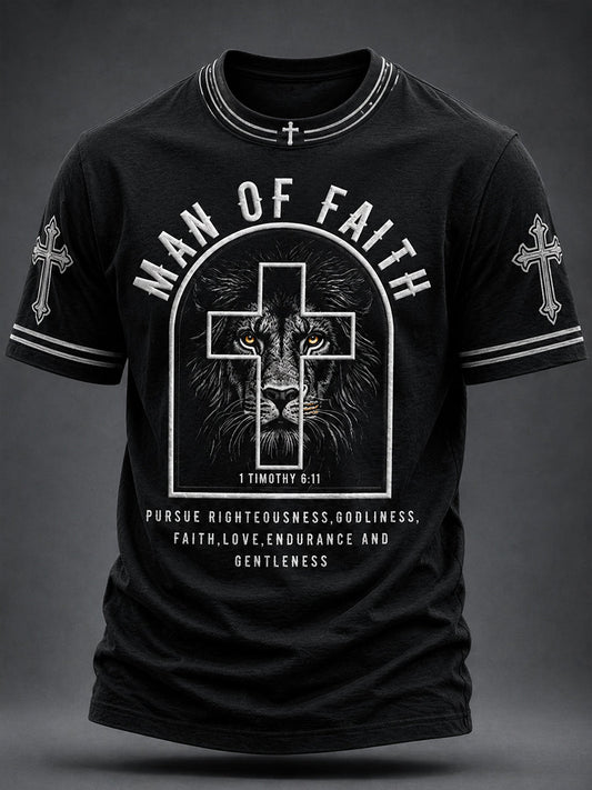 Men's Christian Man of Faith Lion and Cross Short Sleeve T-shirt