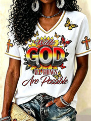 Women's 'With God All Things Are Possible' Christian V-neck T-shirts