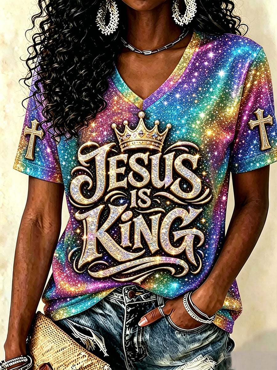 Women's 'Jesus is King' Christian V-neck T-shirts