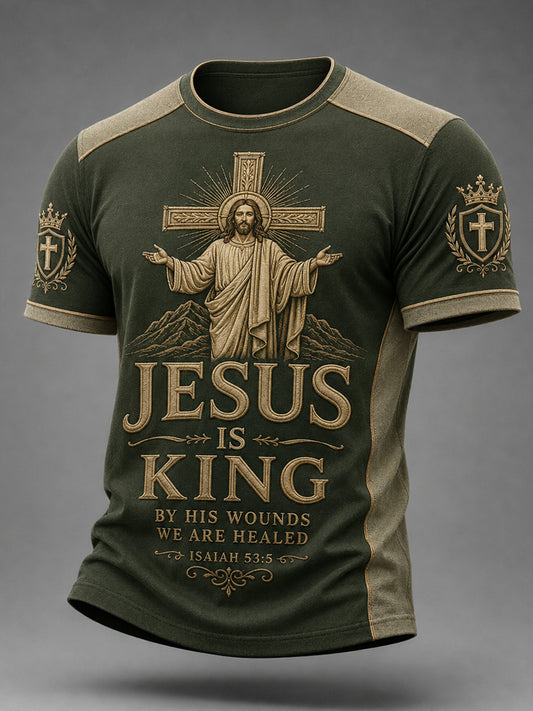 Men's Jesus Is King Of Kings Print Casual Tee