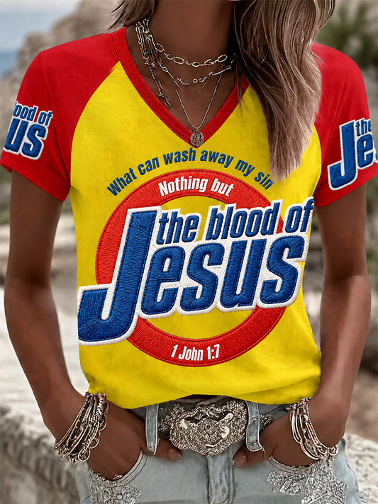 Women's The Blood Of Jesus Print Casual V-Neck Tee