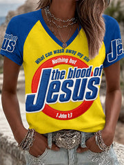Women's The Blood Of Jesus Print Casual V-Neck Tee