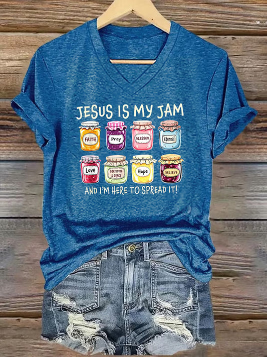Women's Christian Jesus Is My Jam And I'm Here To Spread It Print Casual V-Neck Tee