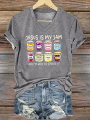 Women's Christian Jesus Is My Jam And I'm Here To Spread It Print Casual V-Neck Tee