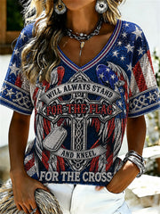 Women's American Stand for the Flag Kneel for the Cross Celtic Cross Print short-sleeved T-shirt
