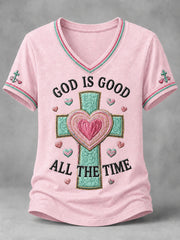 Women's God Is Good All The Time Cross Print Casual V-Neck Tee