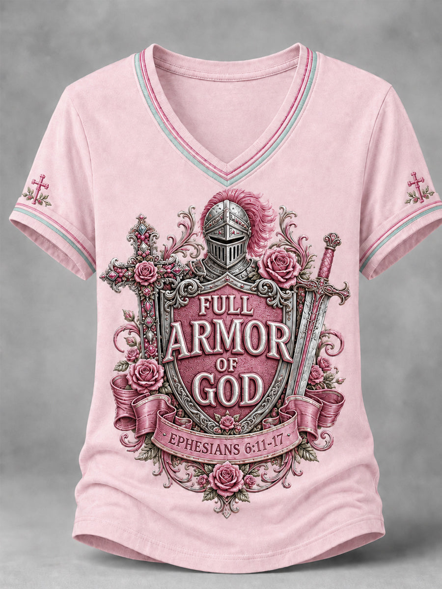 Women's Christian Full Armor Of God Print Casual V-Neck Tee