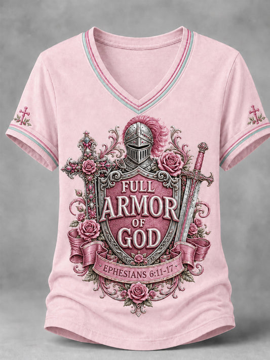 Women's Christian Full Armor Of God Print Casual V-Neck Tee