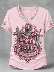 Women's Christian Full Armor Of God Print Casual V-Neck Tee