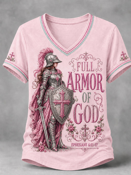 Women's Christian Full Armor Of God Print Casual V-Neck Tee