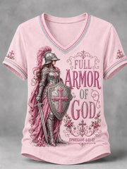 Women's Christian Full Armor Of God Print Casual V-Neck Tee