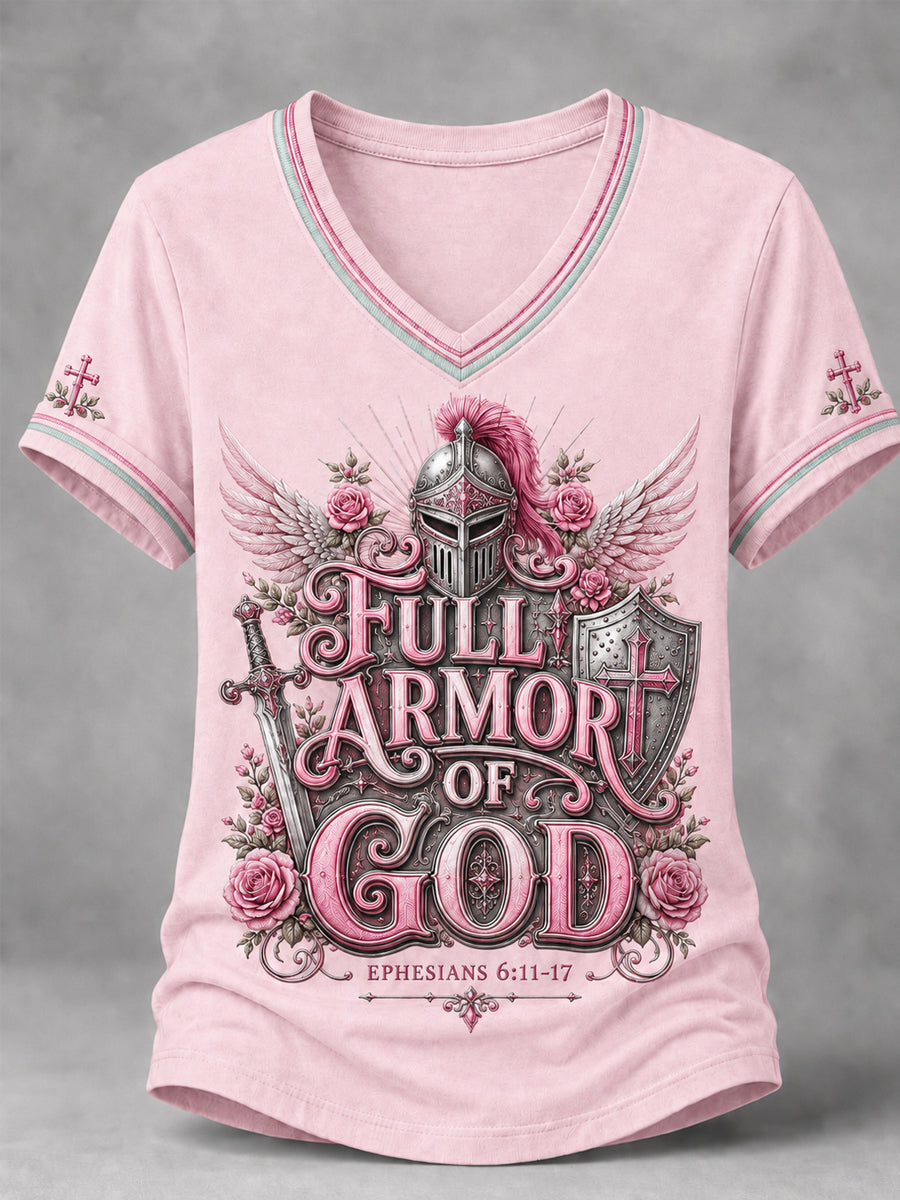 Women's Christian Full Armor Of God Print Casual V-Neck Tee