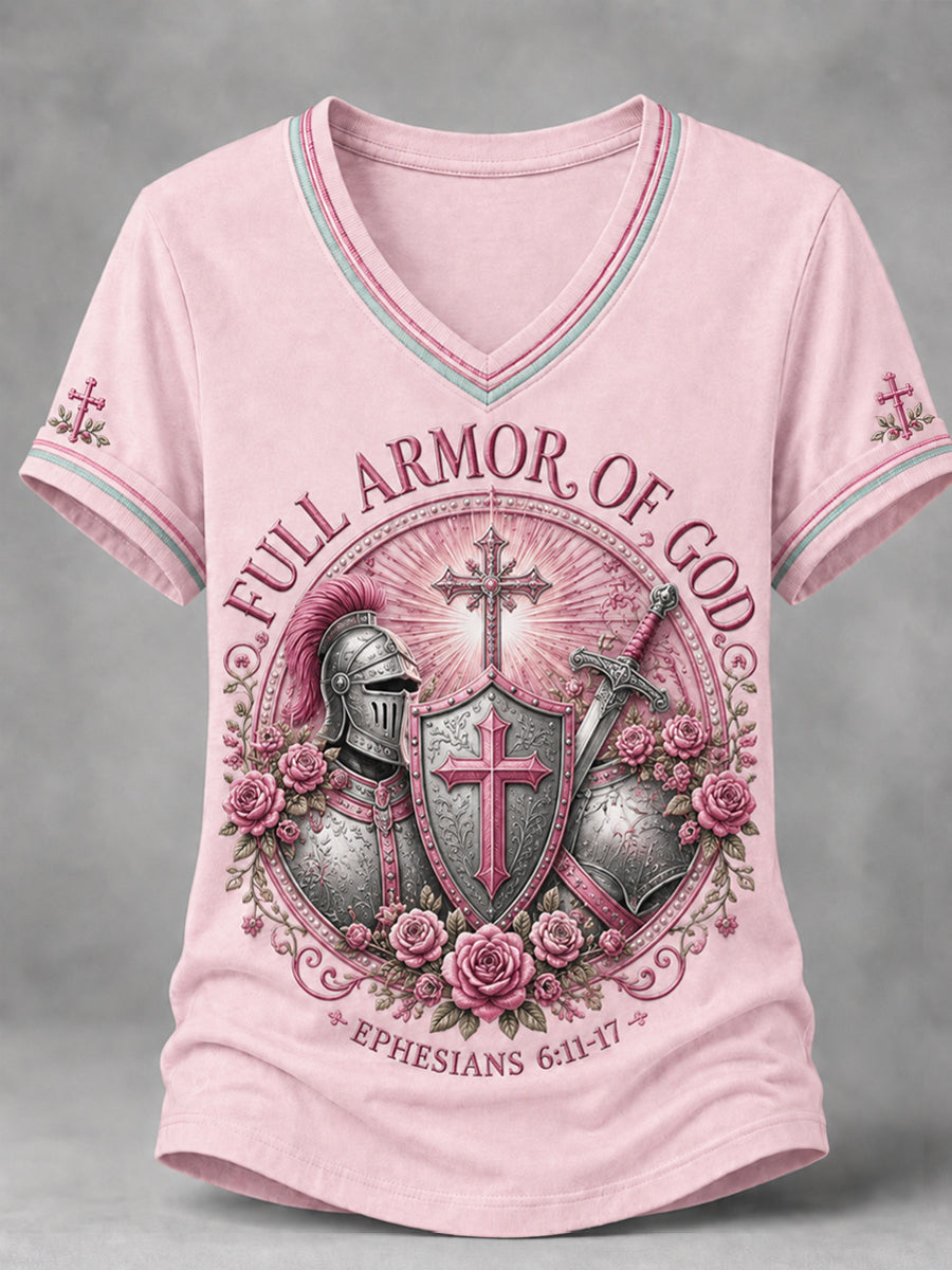Women's Christian Full Armor Of God Print Casual V-Neck Tee