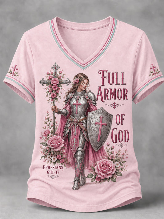Women's Christian Full Armor Of God Print Casual V-Neck Tee
