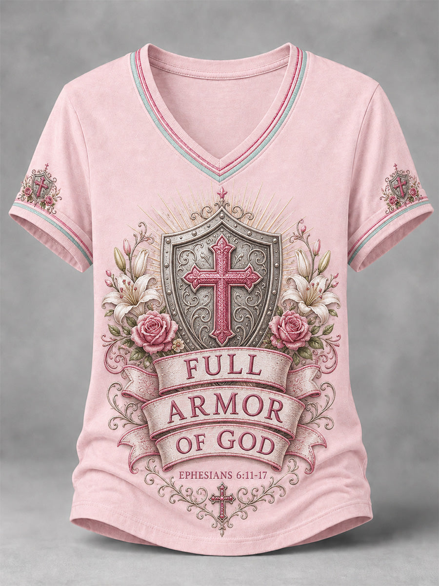 Women's Christian Full Armor Of God Print Casual V-Neck Tee