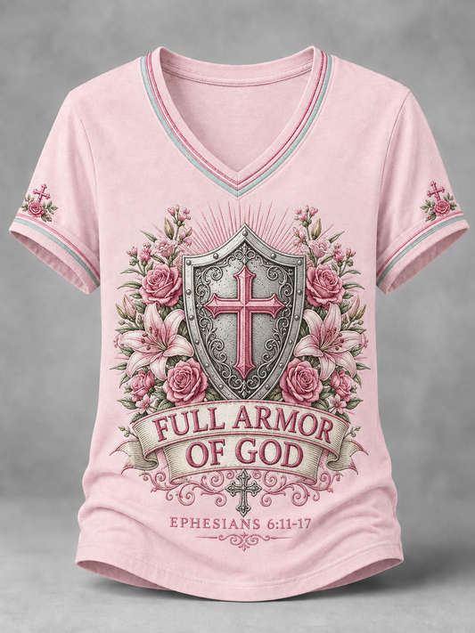 Women's Christian Full Armor Of God Print Casual V-Neck Tee