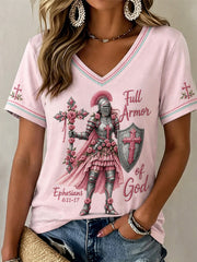 Women's Christian Full Armor Of God Print Casual V-Neck Tee