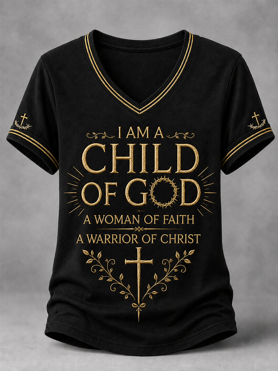 Women's Christian Woman Of God Print Casual V-Neck Tee