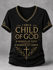 Women's Christian Woman Of God Print Casual V-Neck Tee