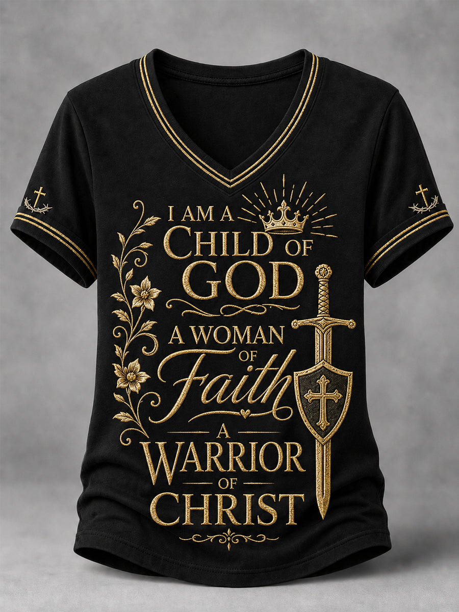 Women's Christian Woman Of God Print Casual V-Neck Tee
