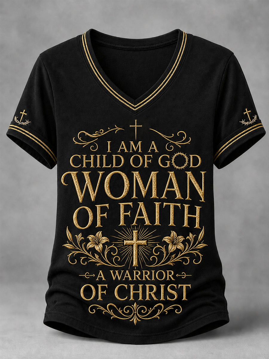 Women's Christian Woman Of God Print Casual V-Neck Tee