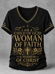 Women's Christian Woman Of God Print Casual V-Neck Tee