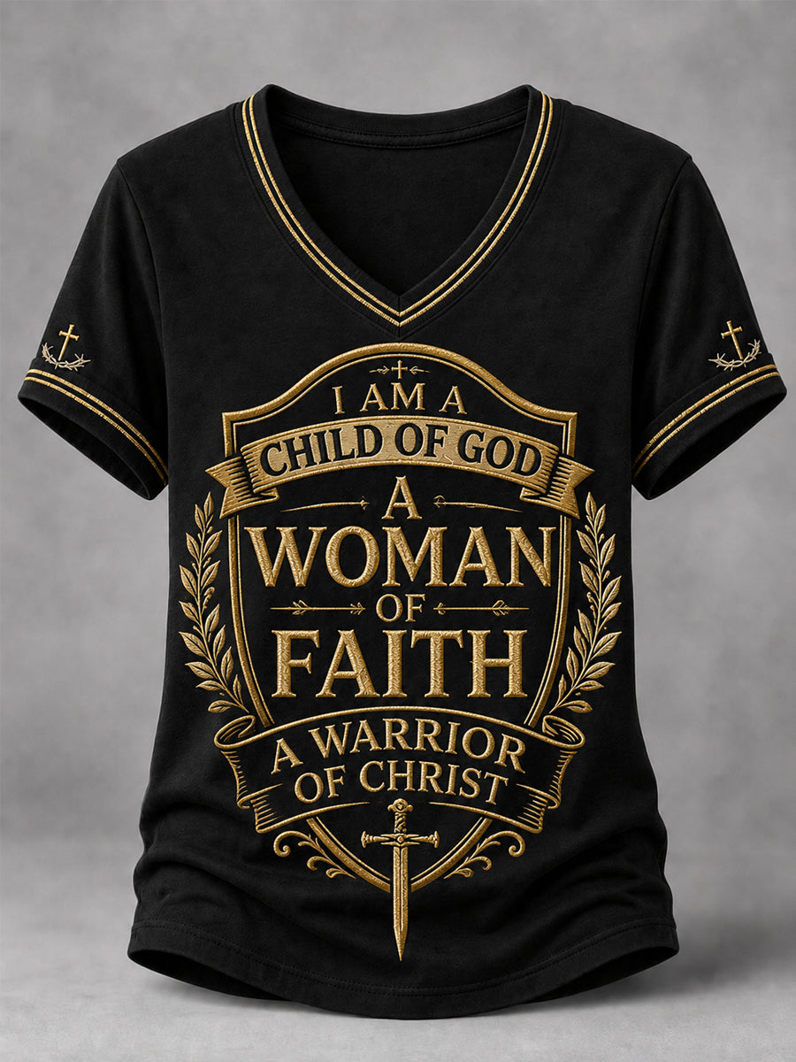 Women's Christian Woman Of God Print Casual V-Neck Tee