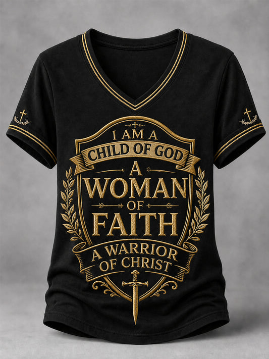 Women's Christian Woman Of God Print Casual V-Neck Tee