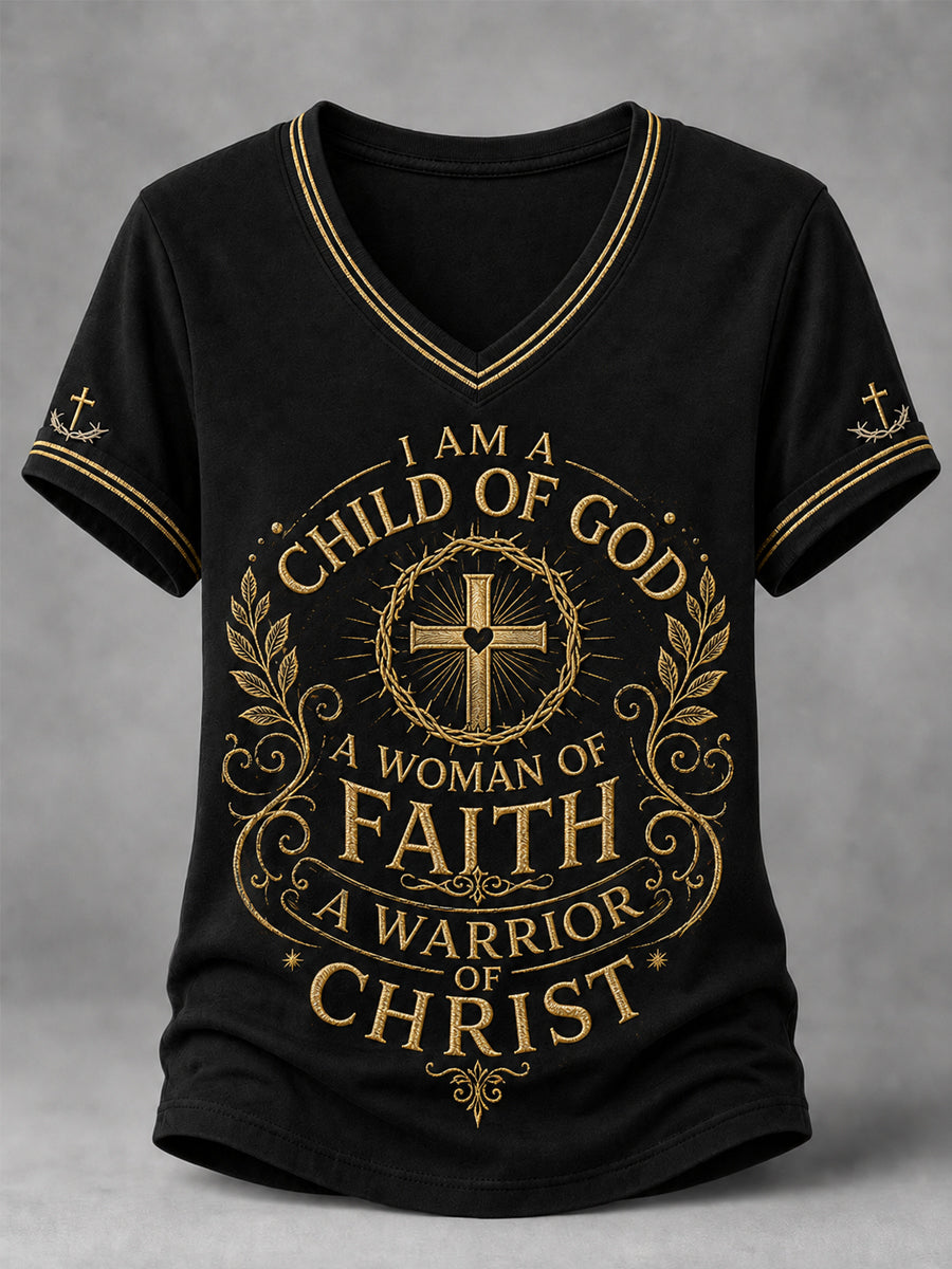 Women's Christian Woman Of God Print Casual V-Neck Tee