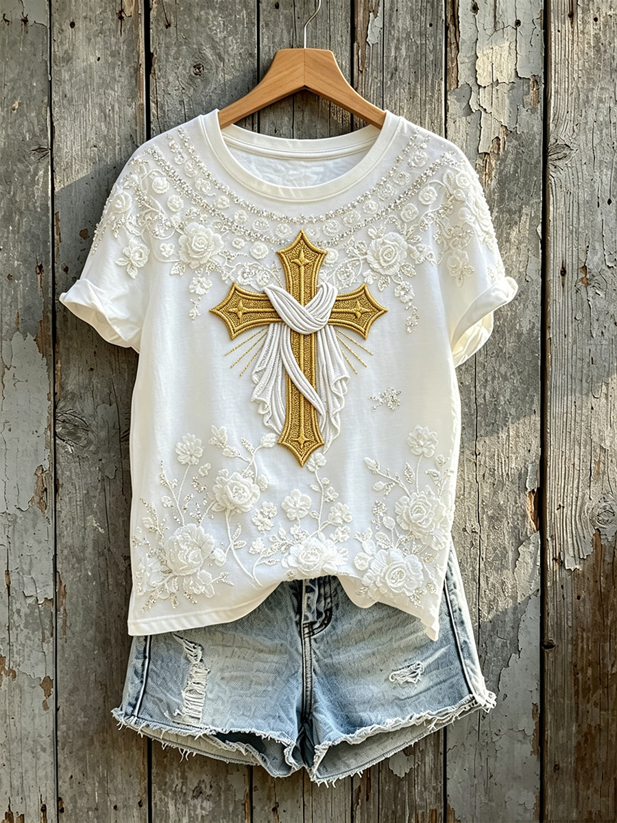 Women's White Floral Cross Faith Art Print Casual Short-sleeved T-shirt