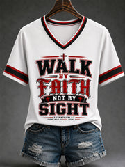 Women's Walk By Faith Not By Sight Print Casual V-Neck Tee
