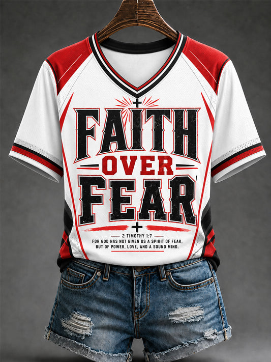 Women's Faith Over Fear Print Casual V-Neck Tee