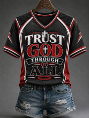Women's Trust God Trough It All Print Casual V-Neck Tee