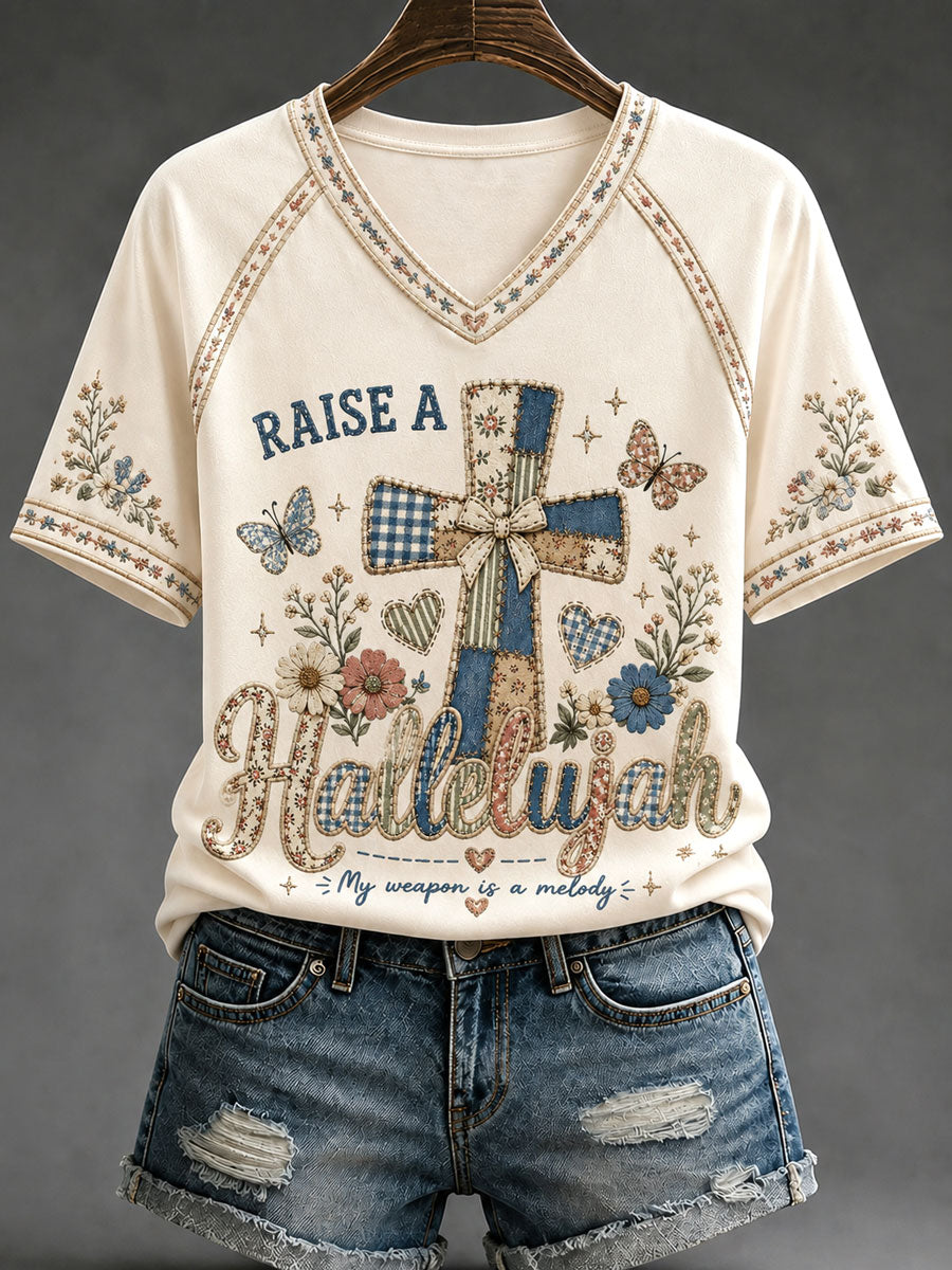 Women’s Patchwork Cross Print Casual T-Shirt