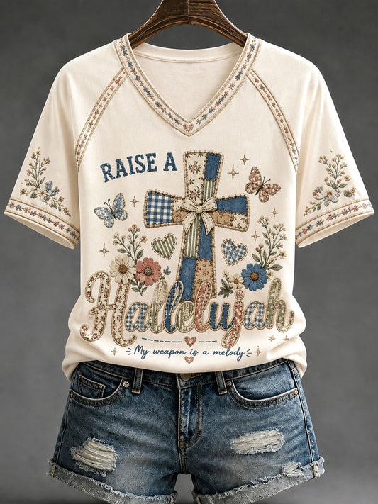 Women’s Patchwork Cross Print Casual T-Shirt