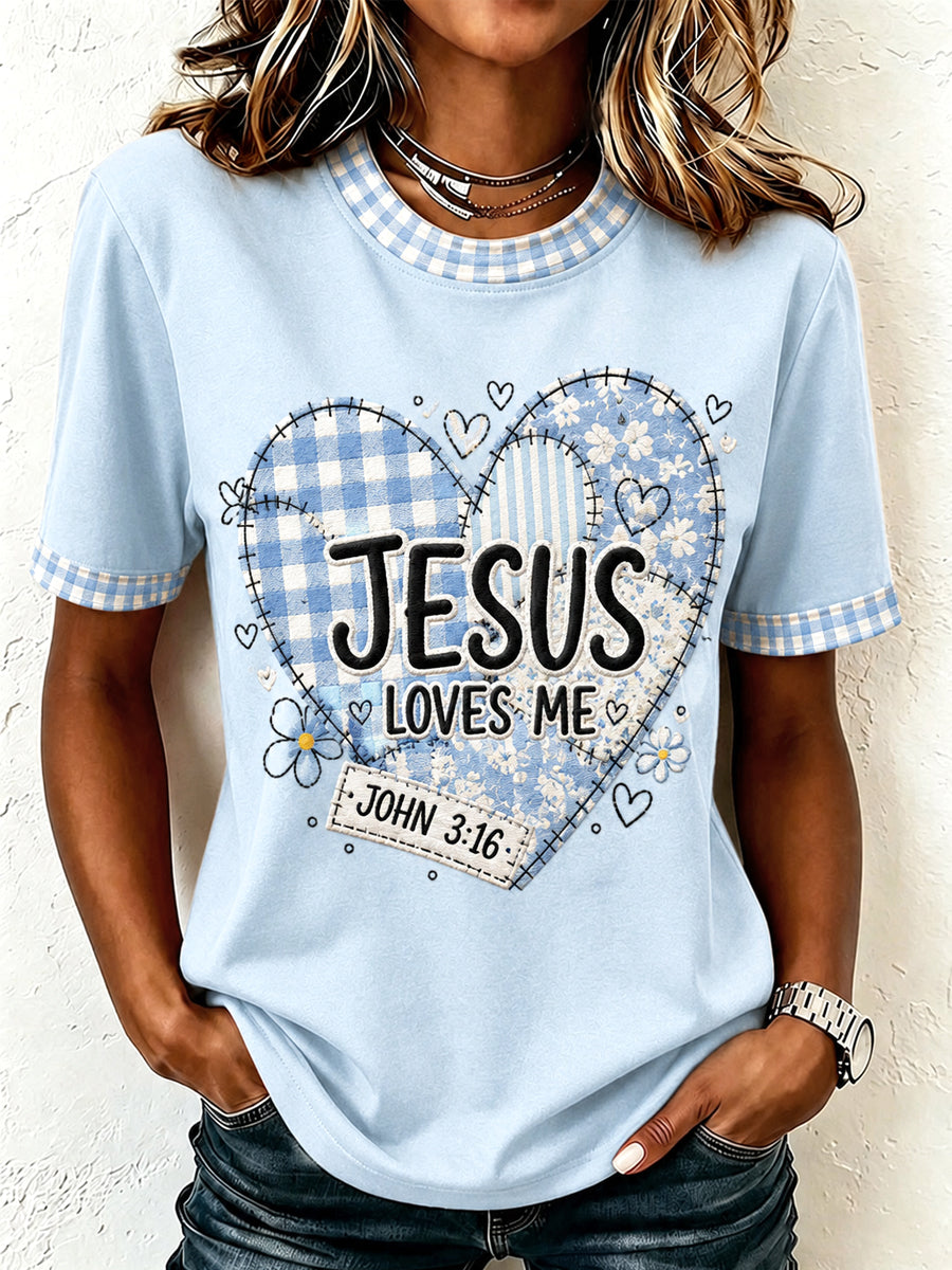 Women's Jesus Loves Me Plaid Print Casual Tee