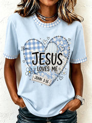 Women's Jesus Loves Me Plaid Print Casual Tee