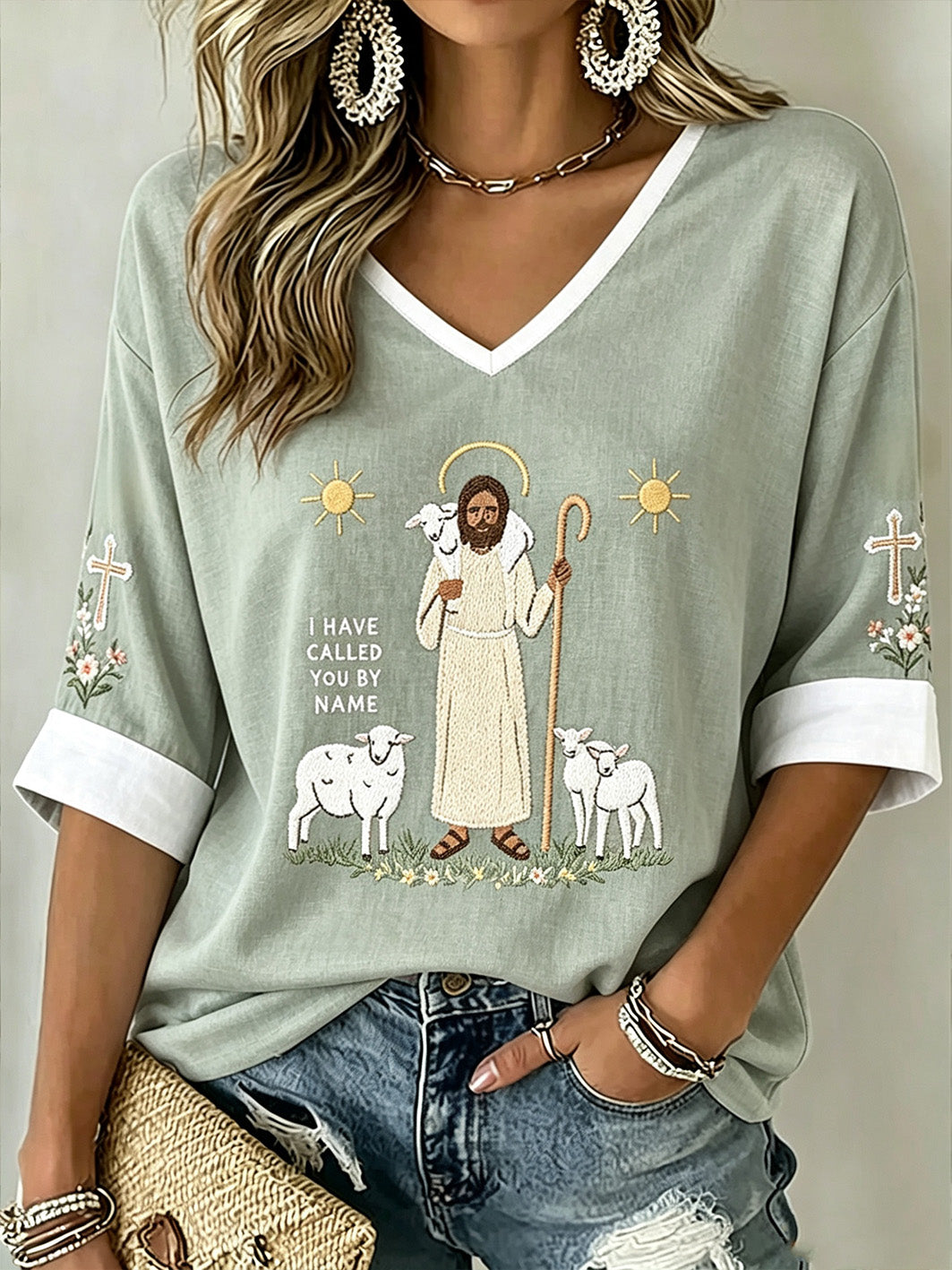 Women's Faith Pattern Printed Leisure Mid-length Sleeves V-Neck T-Shirt