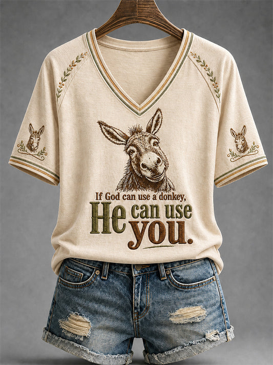 Women's Funny Donkey If God Can Use Donkey He Can Use You Print Casual V-Neck Tee
