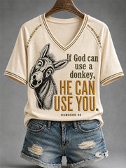 Women's Funny Donkey If God Can Use Donkey He Can Use You Print Casual V-Neck Tee
