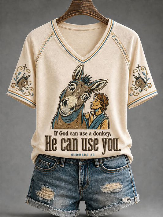 Women's Funny Donkey If God Can Use Donkey He Can Use You Print Casual V-Neck Tee