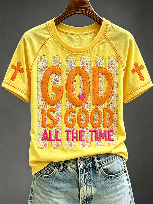 Women's Floral Striped God is Good Print Faith Base Short Sleeve T-shirt